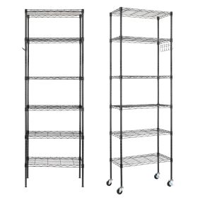 6-Tier Adjustable Layer Shelf with 6 Hooks Heavy Duty Steel Storage Rack Caster Wheels Leveling Feet 55x30x165cm Black