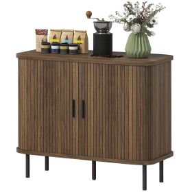 35.4" Sideboard Buffet Cabinet with Storage, Nordic Coffee Bar Cabinet with Slatted Tambour Doors and Metal Legs, Walnut