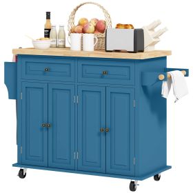 Kitchen Island on Wheels, Rolling Cart with Rubberwood Top, Spice Rack, Towel Rack and Drawers, Turquoise