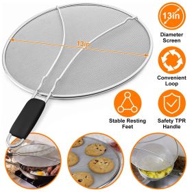 Grease Splatter Screen 13in Stainless Steel Fine Mesh Splash Mesh Shield Hot Oil Stopper w/ Resting Feet For Frying Pan Cooking Woks Skillets Pot