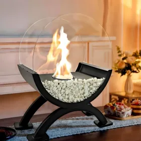 Round Glass Large Tabletop Fireplace 12.5" H Portable Fire Bowl Pot Clean Burning Fireplace For Indoor Outdoor Patio Parties Events(Black) (Option: Black)