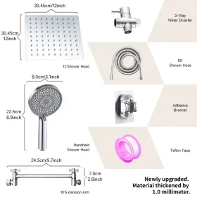 Complete Shower Solution - 12-inch Square Head + Adjustable Arm + Handheld For Versatility (Option: Exquisitesilver)
