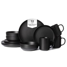 12-Piece Stoneware Dinnerware Sets with Mugs | Microwave & Dishwasher Safe | Non-Toxic Dinner Plates Bowls Set | Stackable Matte Glaze Kitchenwar (Main Material: Stone, Main Color: Black)