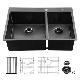 33 Inch Kitchen Sink Drop-in Topmount Sink 16 Gauge Double Bowl 50/50 Gunmetal Black Stainless Steel Sink with Strainer (Design: 33-6/4, Color: Gunmetal Black)