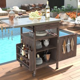 40.5" Outdoor Grill Cart with Stainless Steel Top, Solid Wood Outdoor Storage Cabinet with Drop Leaf, One Drawer, Towel Rack (Color: Brown)